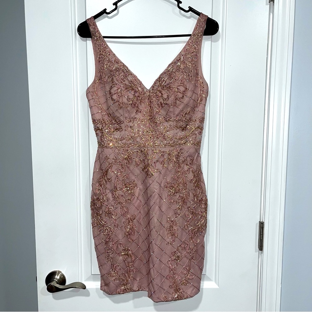 Narianna, size small, pink homecoming dress with gold accents and rhinestones